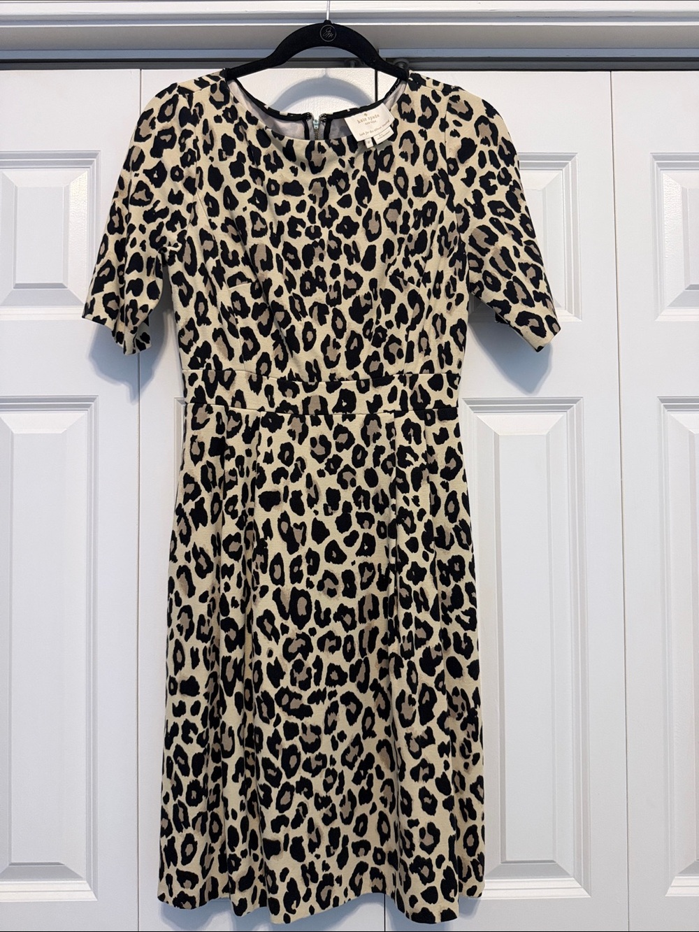 Kate Spade Leopard Print Short Sleeve A-Line Dress in Beige and Black